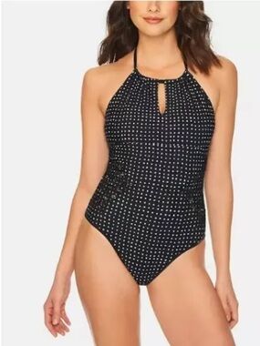 Vera Bradley Black and White Polka Dot Reversible Halter OnePiece Swimsuit 16-18